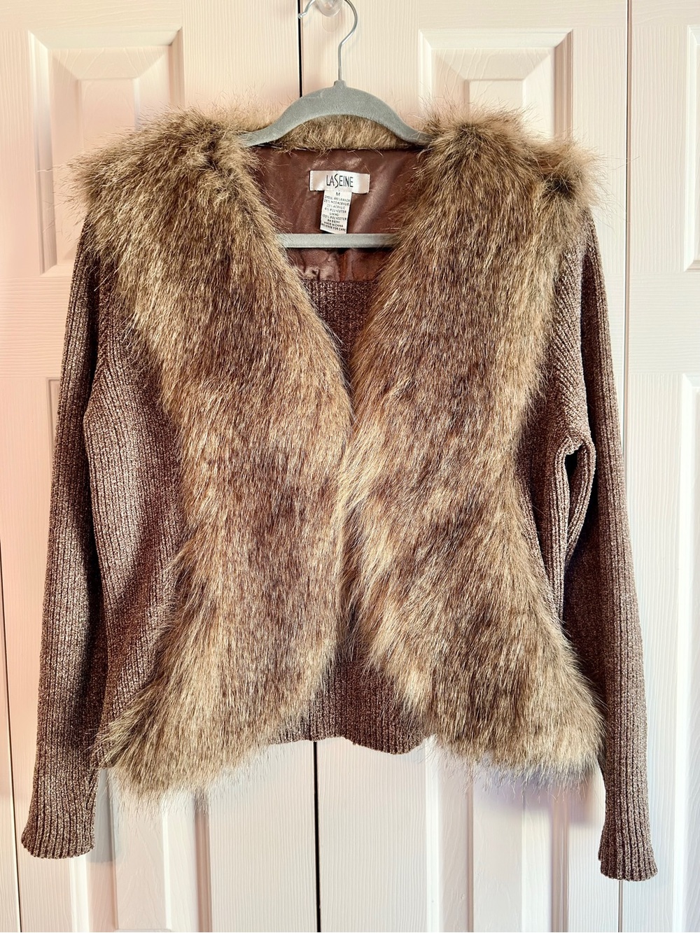 Brown Faux Fur Trim Knit Sweater